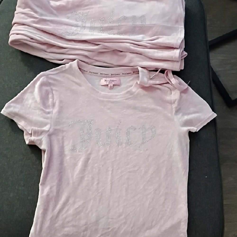 Juicy Couture Girls Light Pink Rhinestone Logo Short Sleeve Shirt With Pants